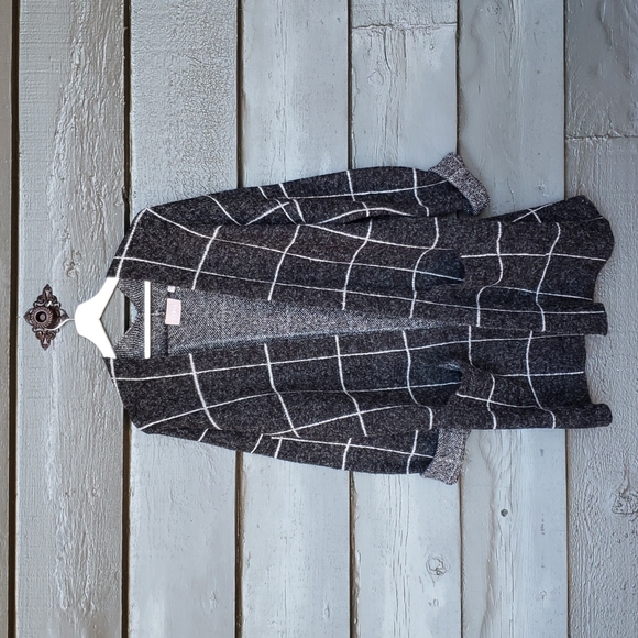 CYRUS Windowpane Plaid Open Front Long Cardigan Sweater Black Gray sz L Women's - Picture 2 of 6
